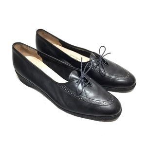 Ferragamo Black Leather Lace Up Saddle Wedge Heels